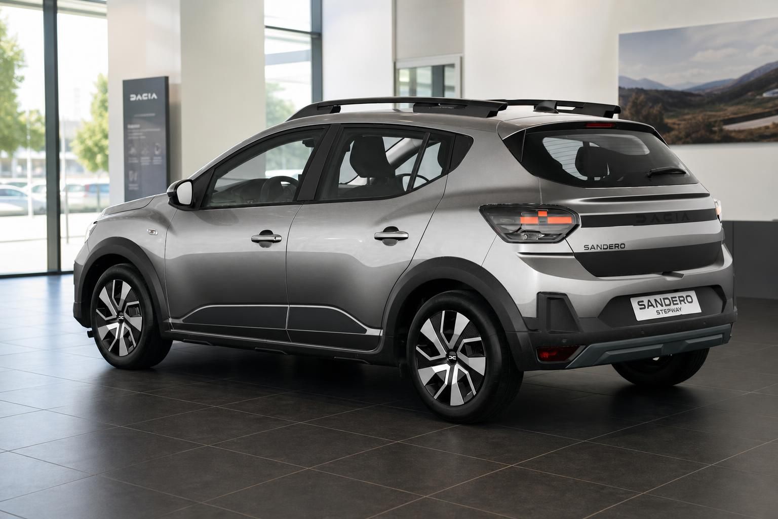 Dacia Sandero Stepway grau Heckansicht im Autohaus