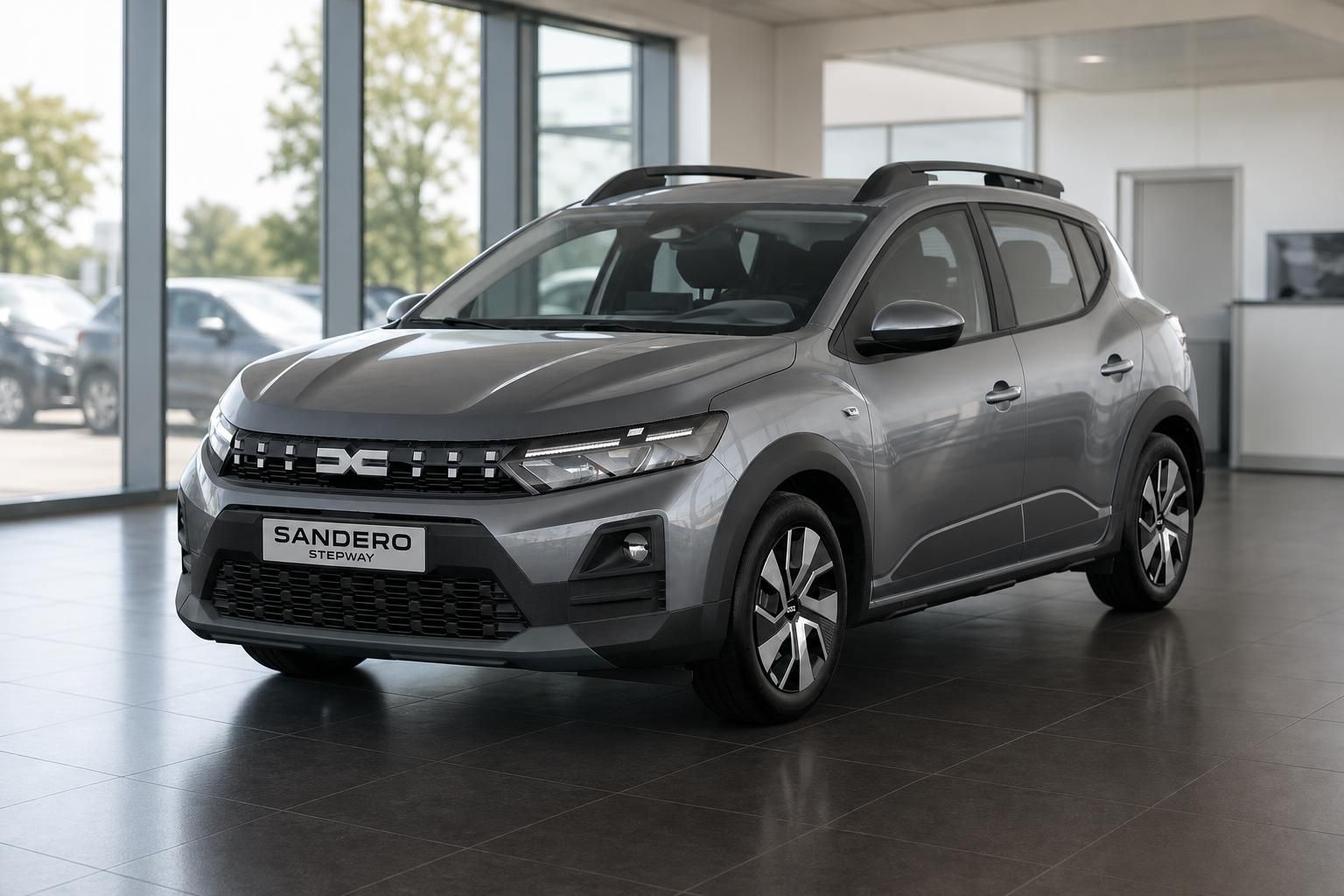 Dacia Sandero Stepway grau Frontansicht im Autohaus Showroom