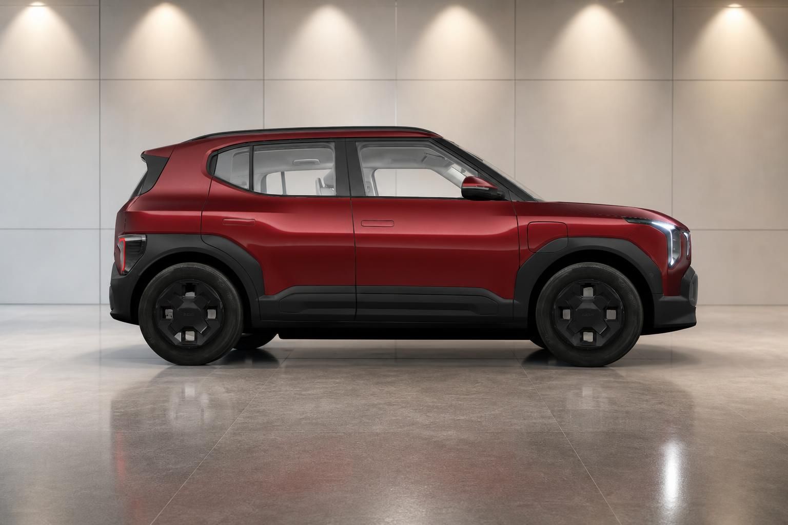 Kia EV2 in Rot, Seitenansicht mit markantem Design