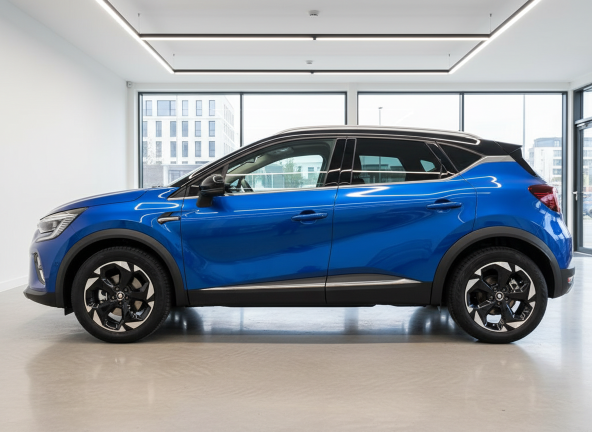 Renault Captur in Blau metallic Seitenansicht im Autohaus Showroom