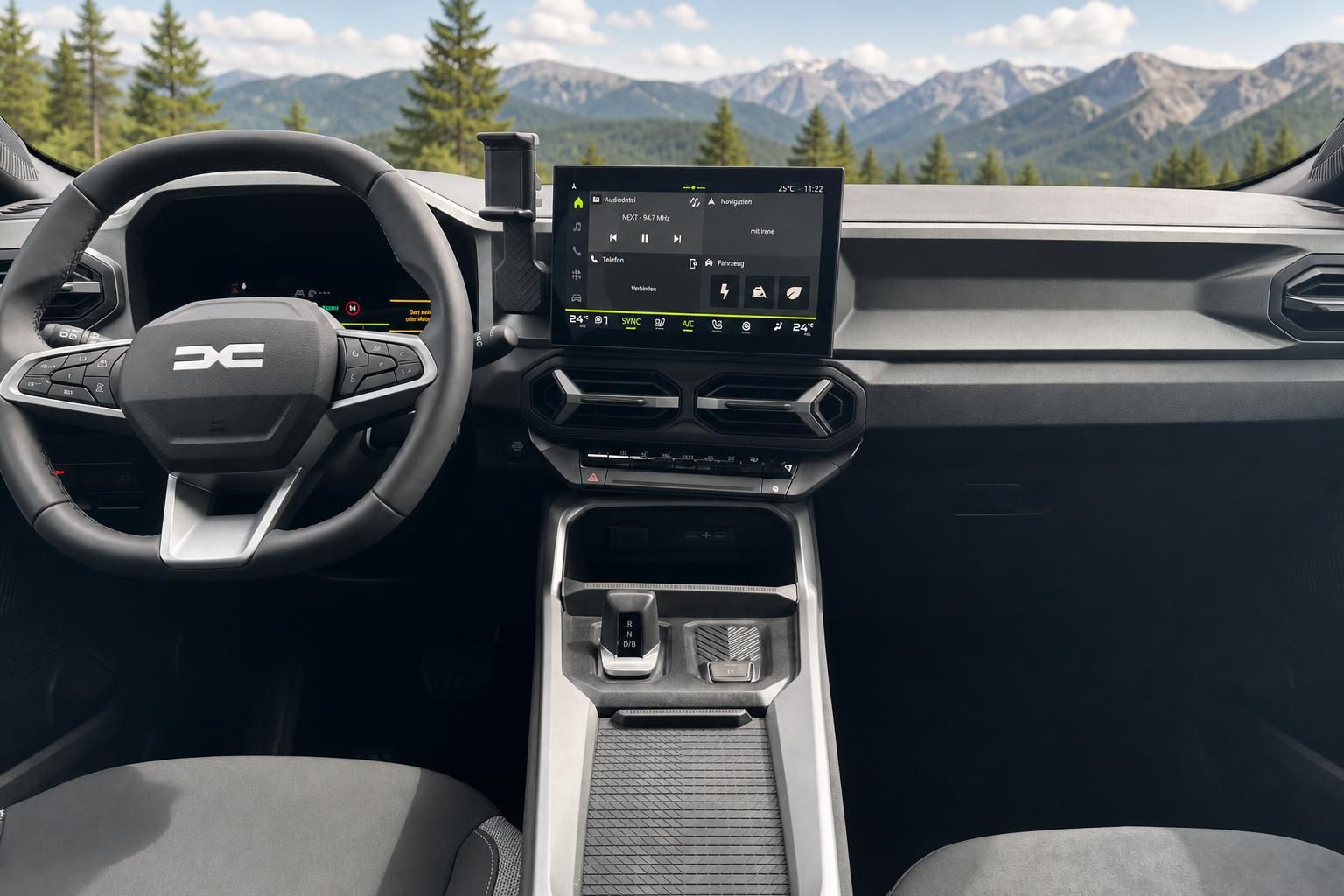 Dacia Bigster Armaturenbrett mit Touchscreen Display und Bergpanorama Aussicht