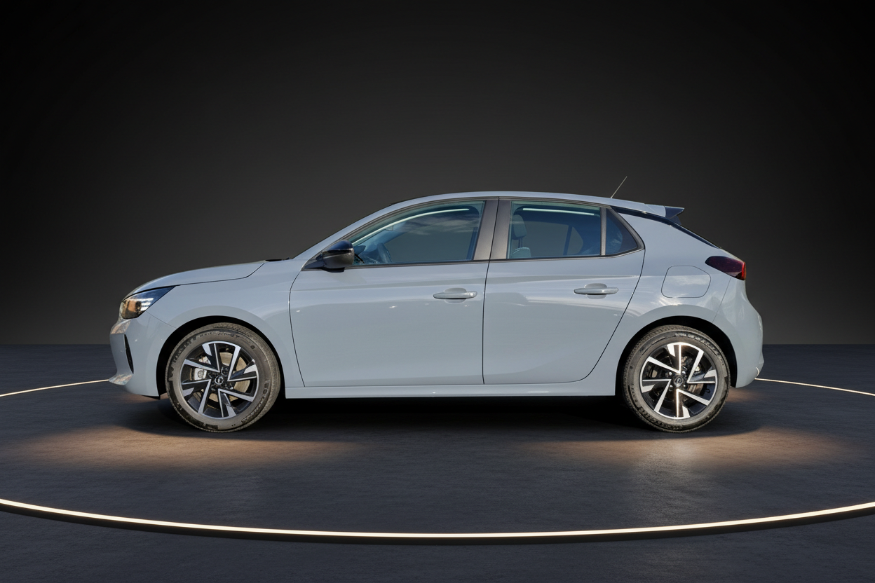 Opel Corsa Seitenansicht in Weiß – kompakter 5-Türer Kleinwagen mit sportlichem Design, Leichtmetallfelgen und Heckspoiler im Fotostudio