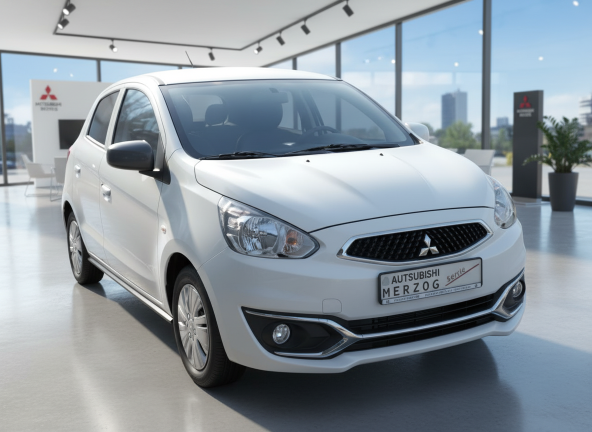 Weißer Mitsubishi Mirage Kompaktwagen im Autohaus Showroom Frontansicht