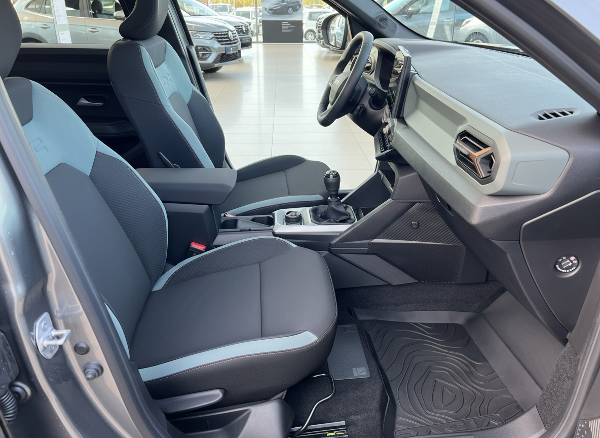 Dacia Duster Innenraum mit schwarzen Sportsitzen, grauer Akzentuierung und Schaltgetriebe