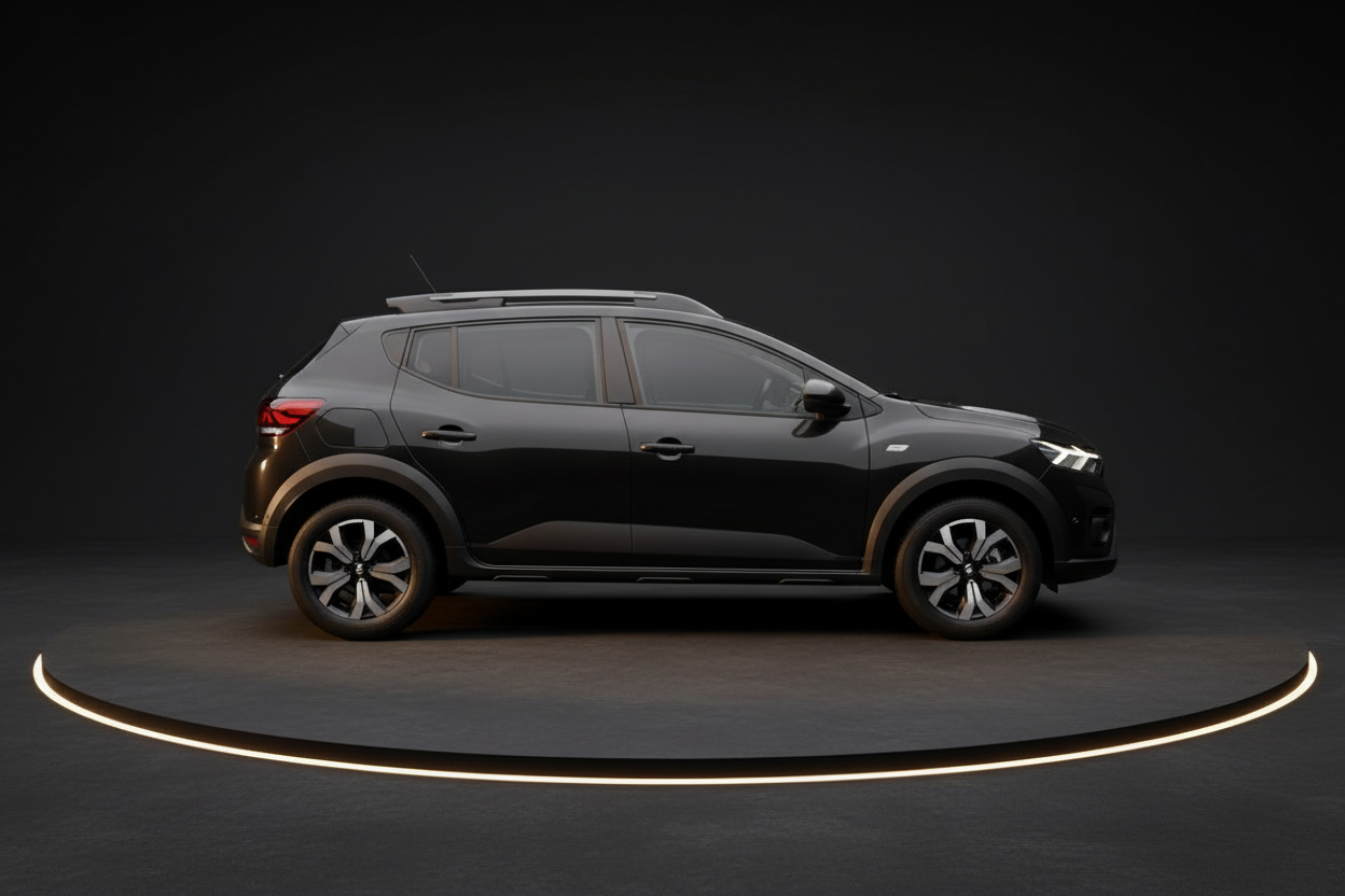 Dacia Sandero Stepway in Schwarz-Bronze Seitenansicht vor dunklem Studiohintergrund