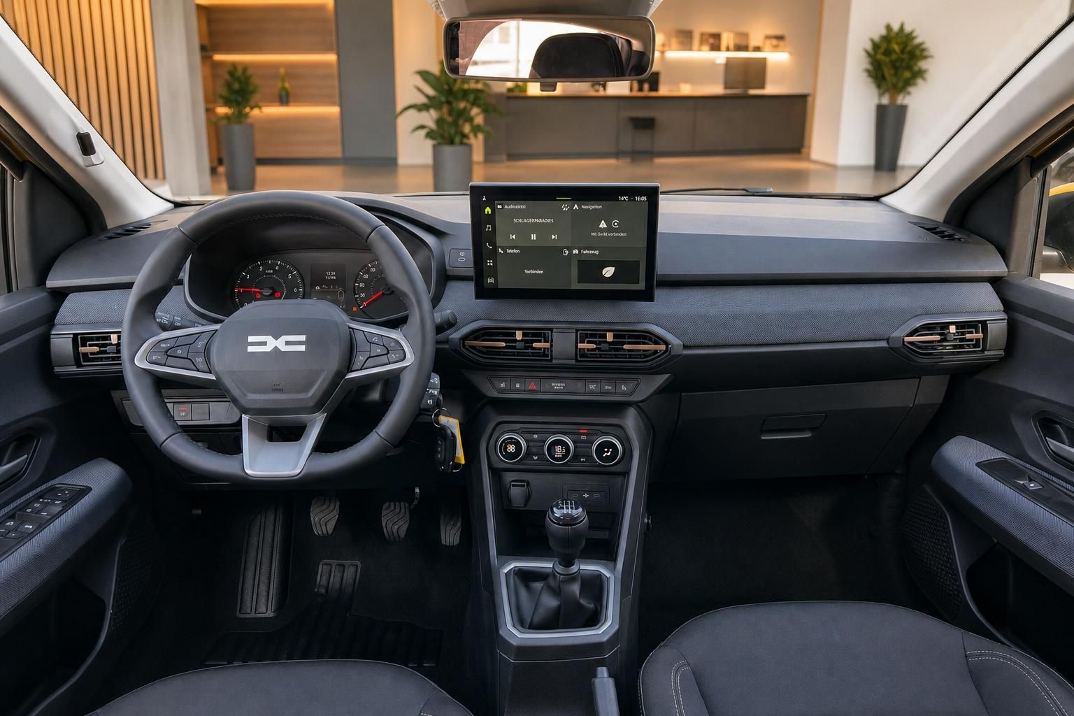Dacia SUV Innenraum mit schwarzem Lenkrad, Touchscreen-Display und manueller Schaltung