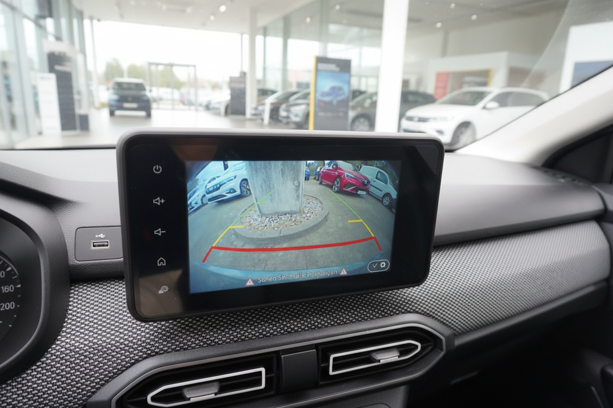 Dacia Innenraum mit Rückfahrkamera auf Infotainment-Display im Autohaus