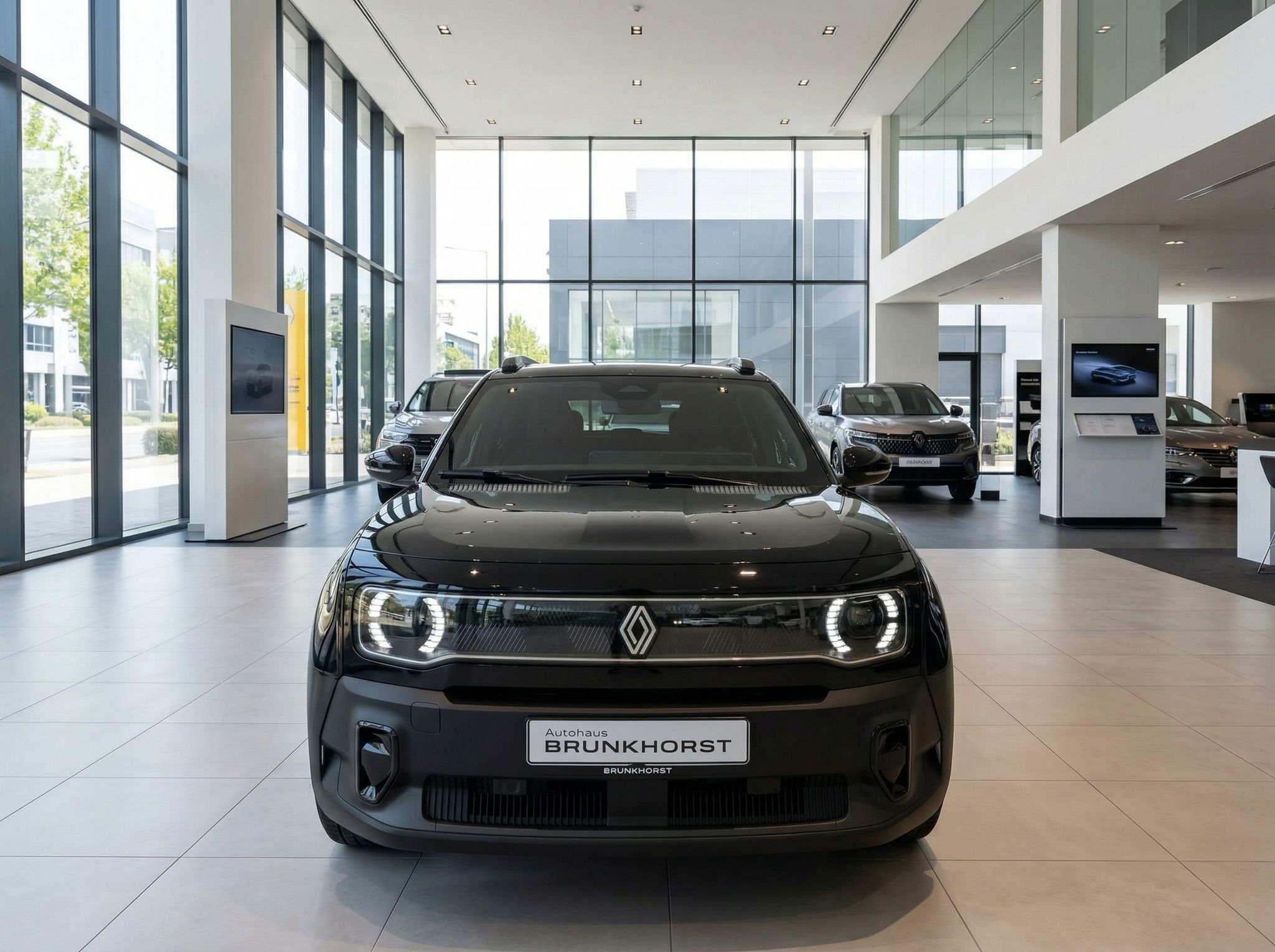 Renault Elektrofahrzeug schwarz Frontansicht - LED-Scheinwerfer und Kühlergrill Design