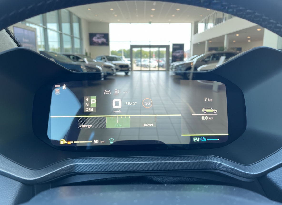 Digitales Kombiinstrument eines Hybrid-Fahrzeugs mit EV-Anzeige und Energiefluss-Display im Autohaus