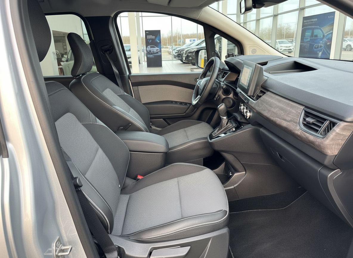 Fahrzeug Innenraum mit grauen Stoffsitzen, Holzdekor-Armaturenbrett und Navigationssystem