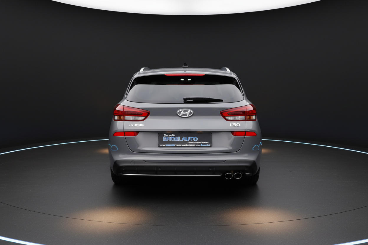 Hyundai i30 Kombi Heckansicht in Grau metallic mit LED-Rückleuchten im Engelauto Showroom