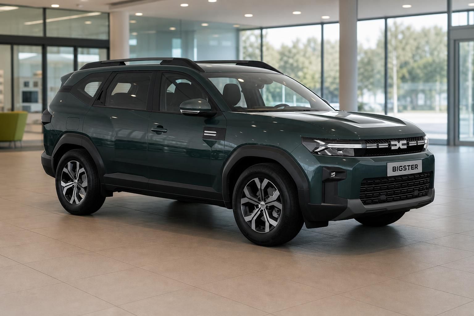 Dacia Bigster gruen metallic, Frontansicht schraeg im Showroom
