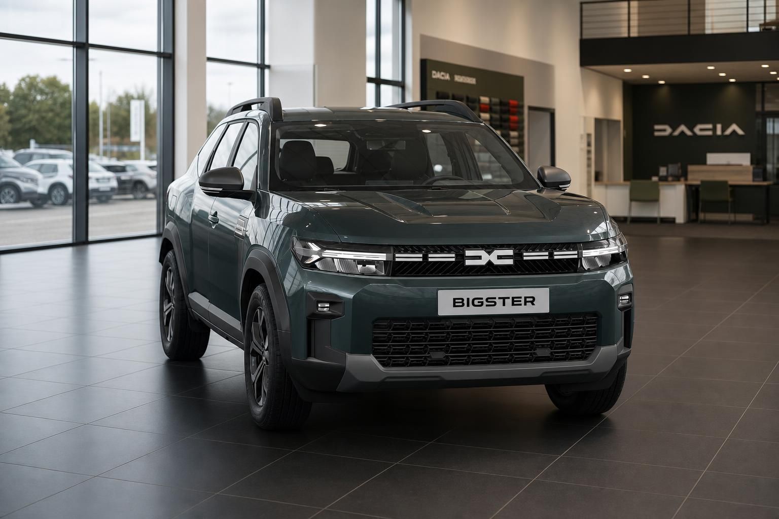 Dacia Bigster in Gruen, Seitenfront im Dacia Autohaus