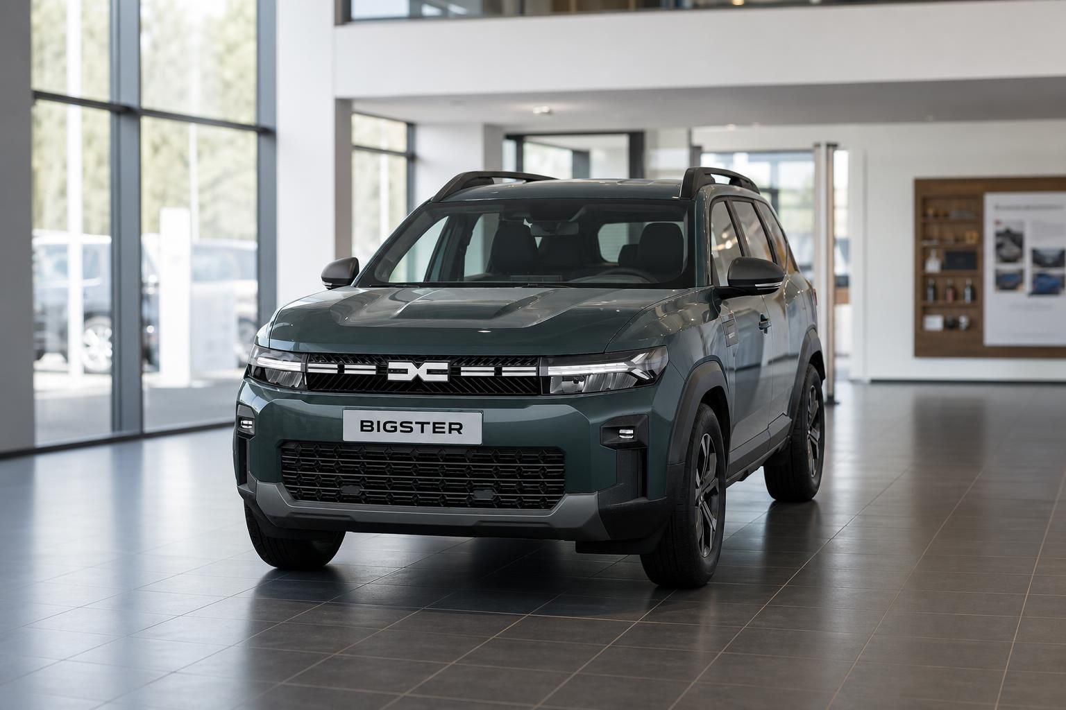 Dacia Bigster in Gruen, Frontansicht im Autohaus Showroom