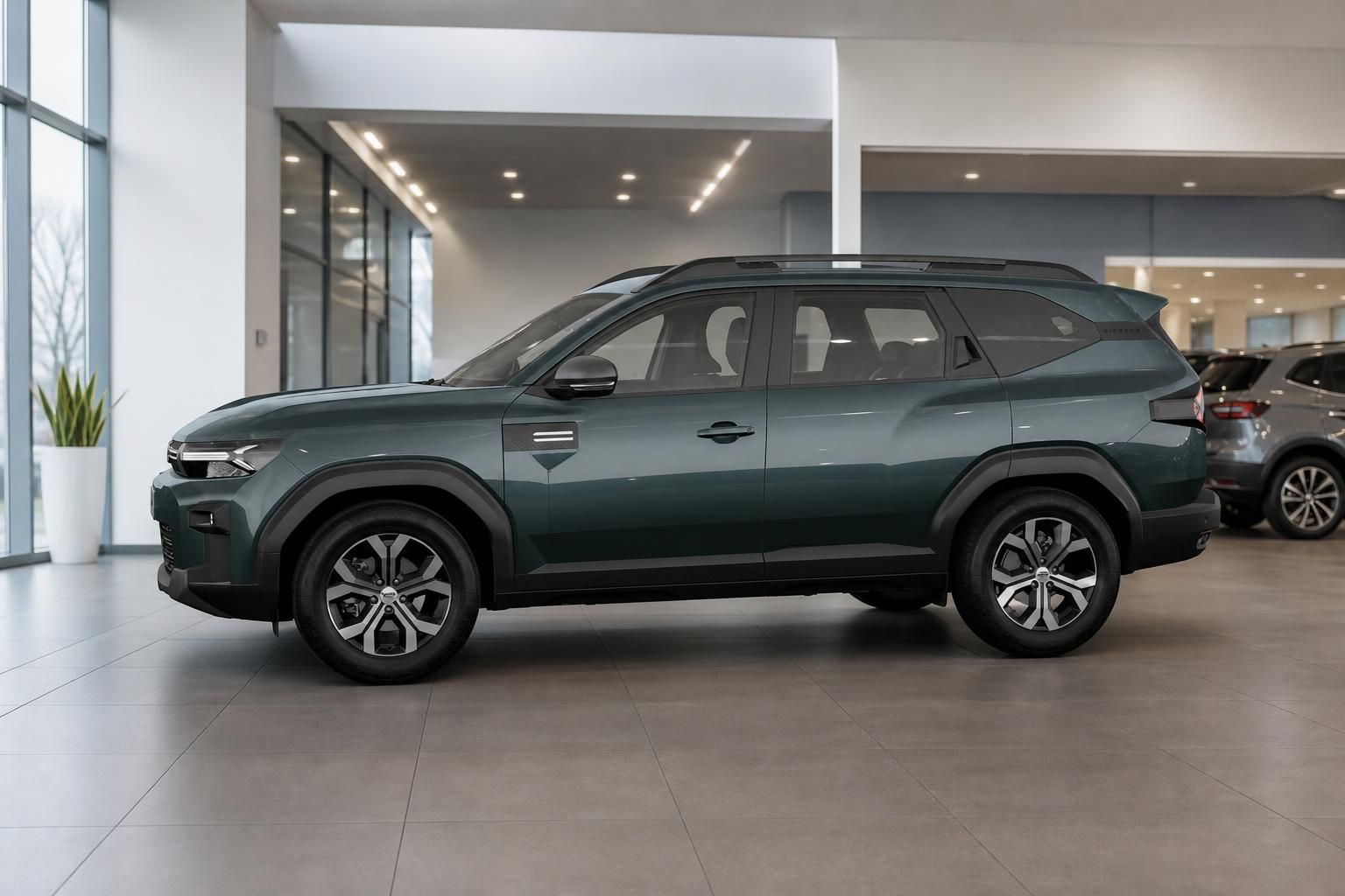 Dacia Bigster in Gruen Seitenansicht im Autohaus Showroom