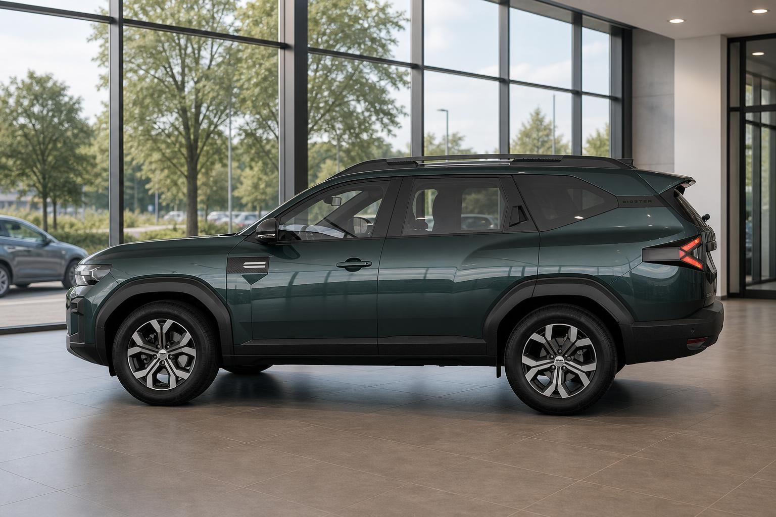 Dacia Bigster gruen Seitenansicht im Showroom mit Panoramafenster