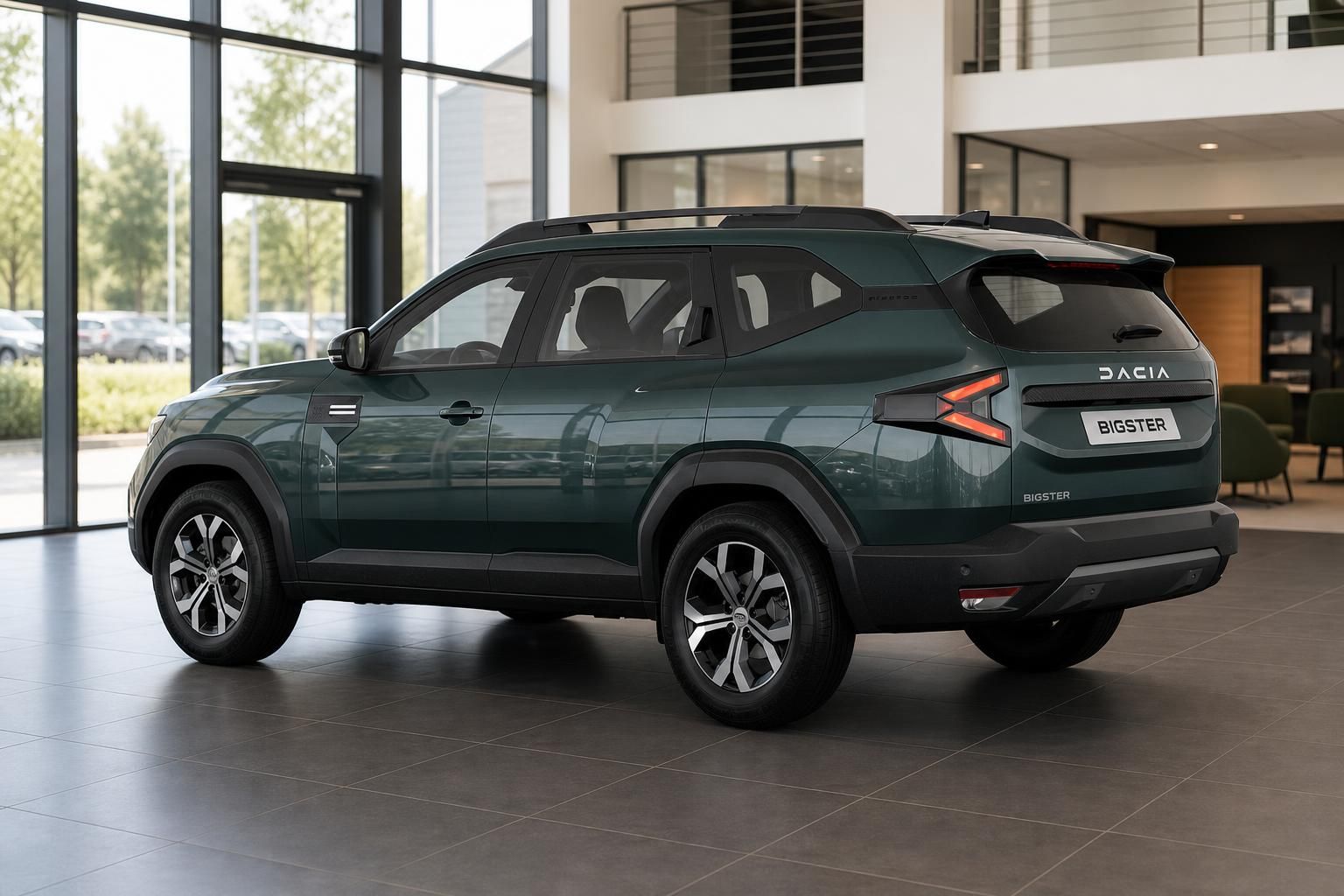 Dacia Bigster gruen Heckansicht im Autohaus Showroom