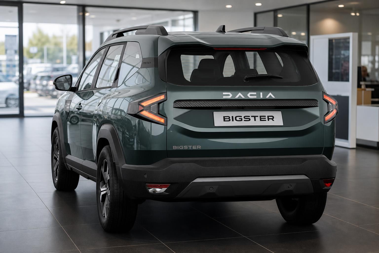 Dacia Bigster gruen Heckdetail mit Schriftzug im Showroom