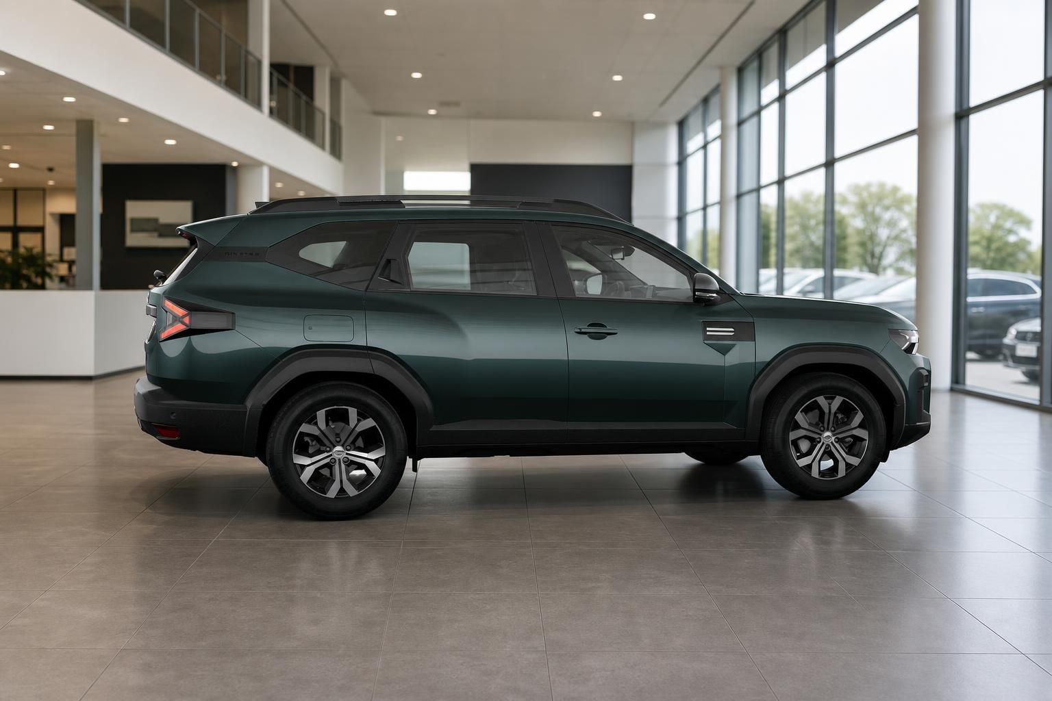 Dacia Bigster gruen, seitliche Ansicht im Showroom