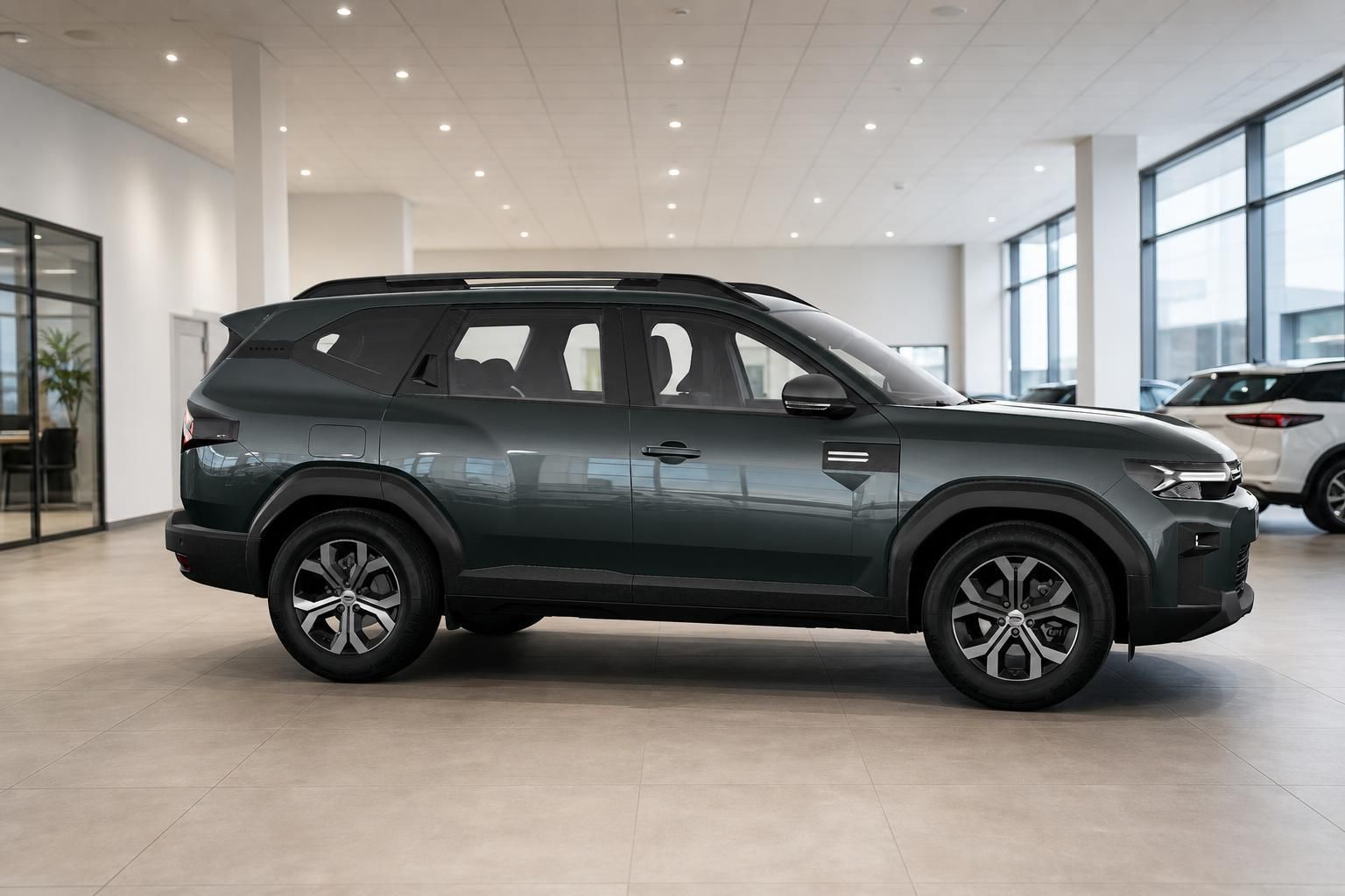 Dacia Bigster in Gruen, Seitenansicht im Autohaus-Showroom