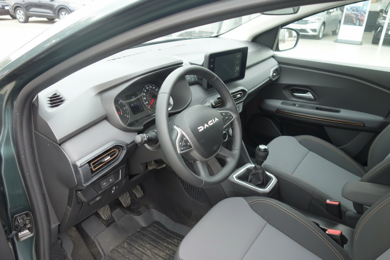 Dacia Innenraum mit Lenkrad, Instrumententafel und Schaltgetriebe – modernes Cockpit-Design