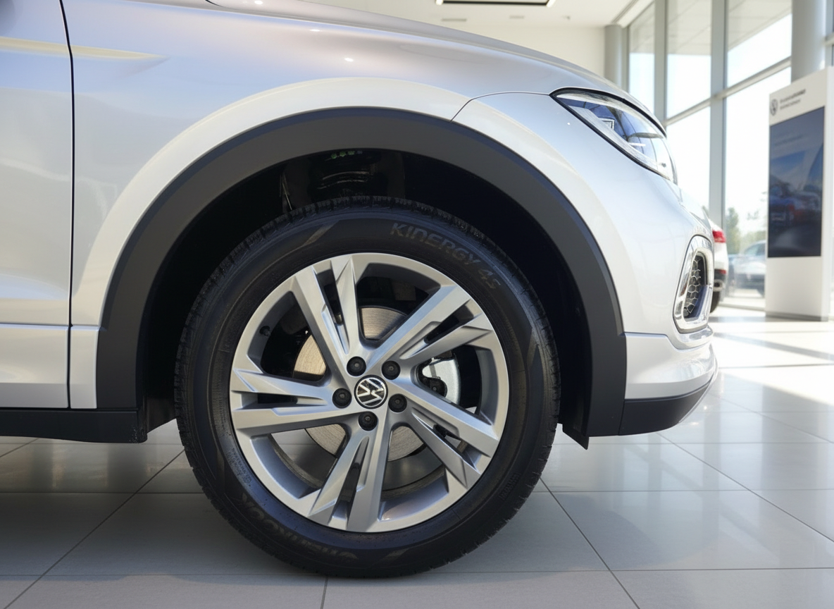 Volkswagen SUV silber Detailaufnahme Vorderrad mit Alufelge im Autohaus