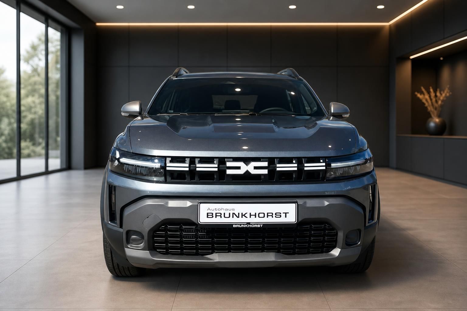 Dacia Duster Frontansicht in grau, SUV von vorne mit markanter Kühlergrille