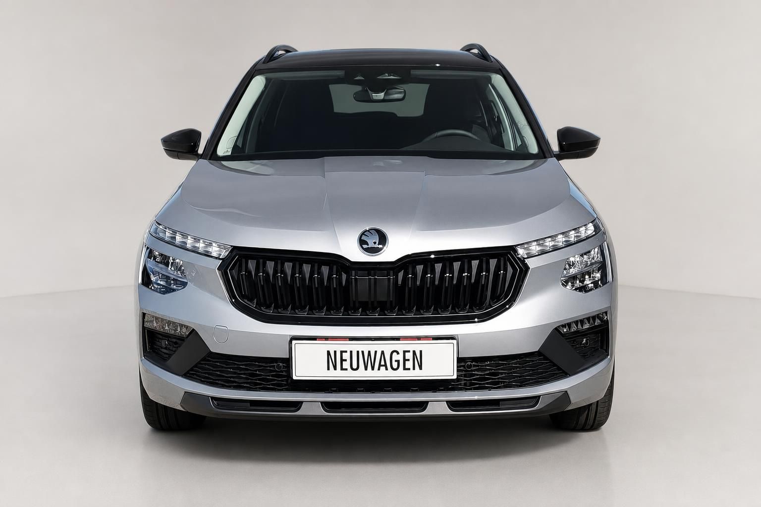 Skoda Kamiq in Silber, Frontansicht im Fotostudio