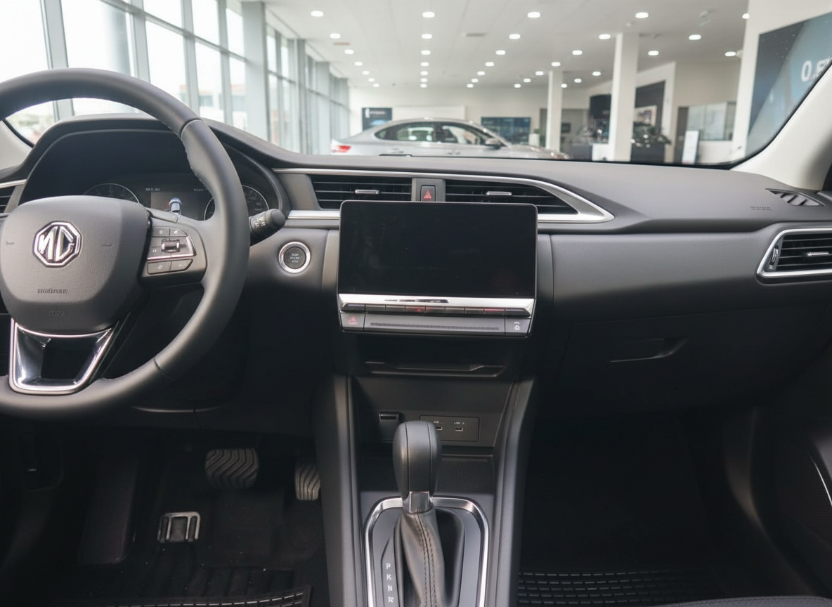 MG Fahrzeug Innenraum mit Touchscreen, Automatikgetriebe und MG Lenkrad im Autohaus