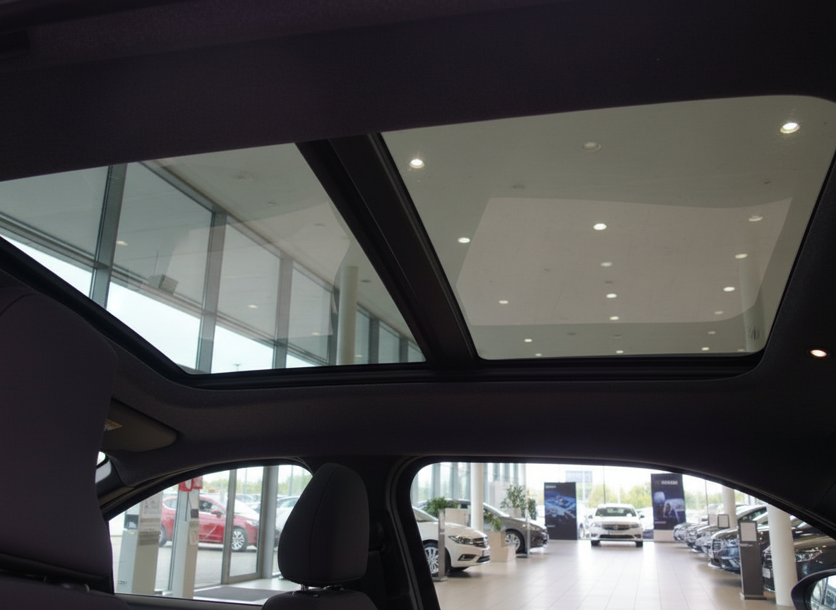 Fahrzeuginnenraum mit großem Panoramadach im Autohaus