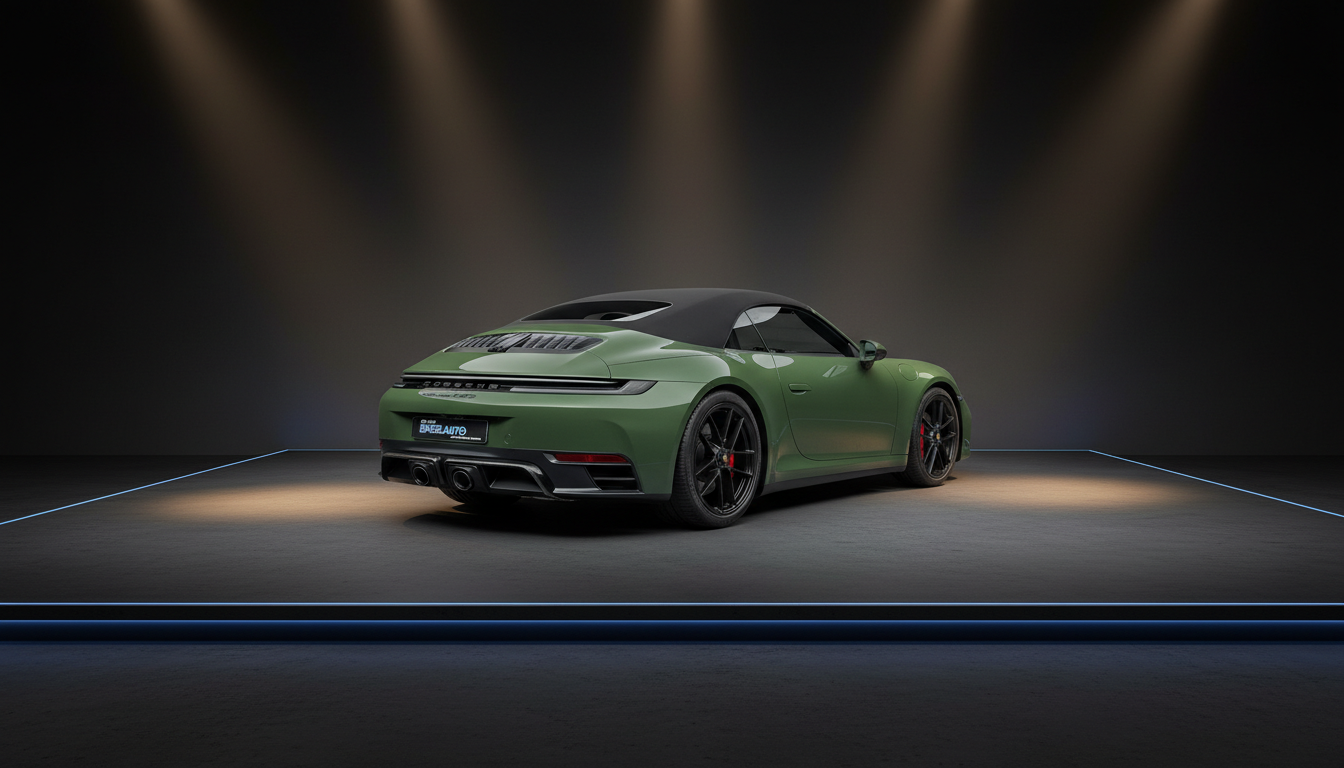 Grüner Porsche 911 Carrera GTS Cabriolet mit schwarzem Verdeck auf dunkler Showroom-Bühne mit Spotlights, Heckansicht mit schwarzen Felgen und roten Bremssätteln