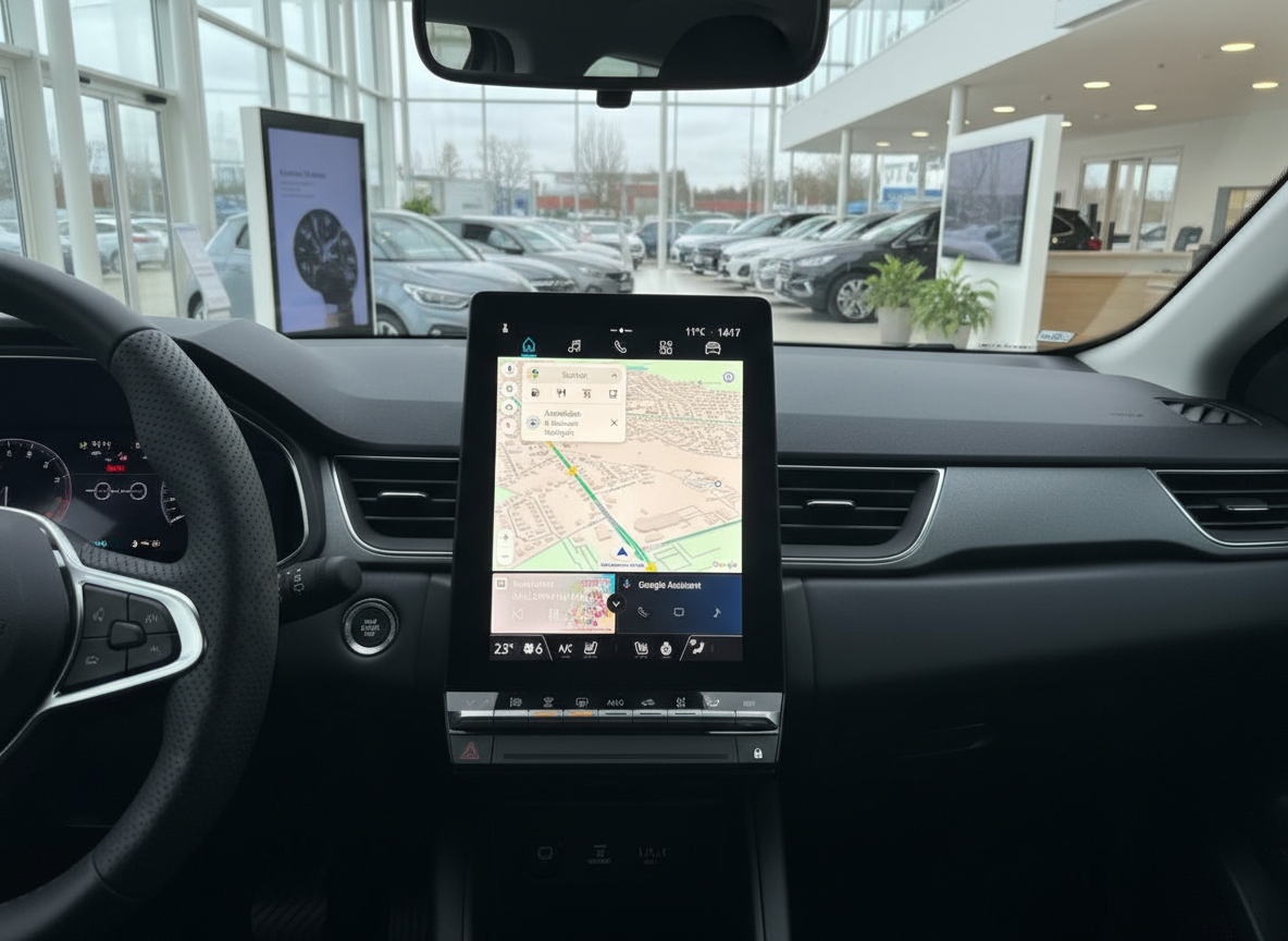 Renault Innenraum mit großem Touchscreen-Infotainmentsystem und Google Maps Navigation im Autohaus