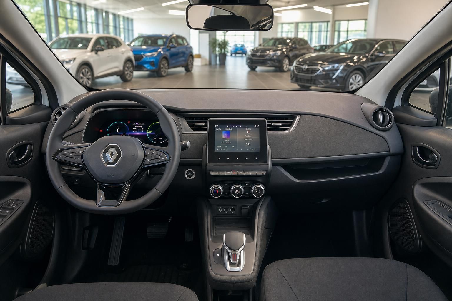 Renault ZOE Armaturenbrett - digitales Display und Touchscreen im schwarzen Innenraum