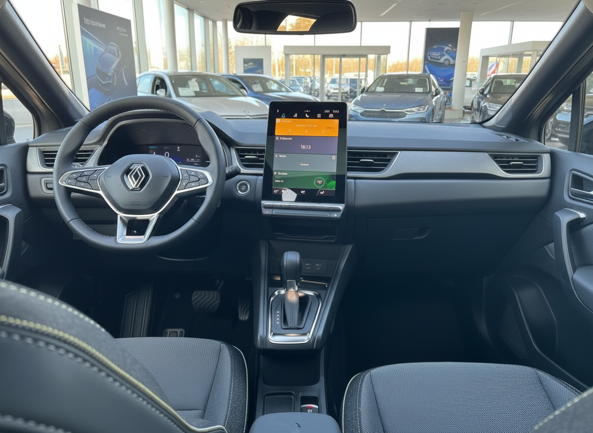 Renault Innenraum mit großem Touchscreen, Lenkrad und Automatikgetriebe im Autohaus