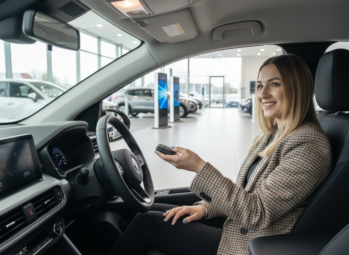 Frau sitzt lächelnd im Fahrerinnenraum eines Neuwagens im Autohaus und hält Autoschlüssel