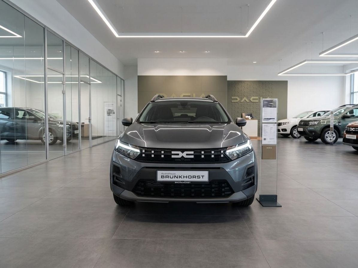 Dacia SUV grau Frontansicht im Autohaus Brunkhorst mit modernem Showroom Design