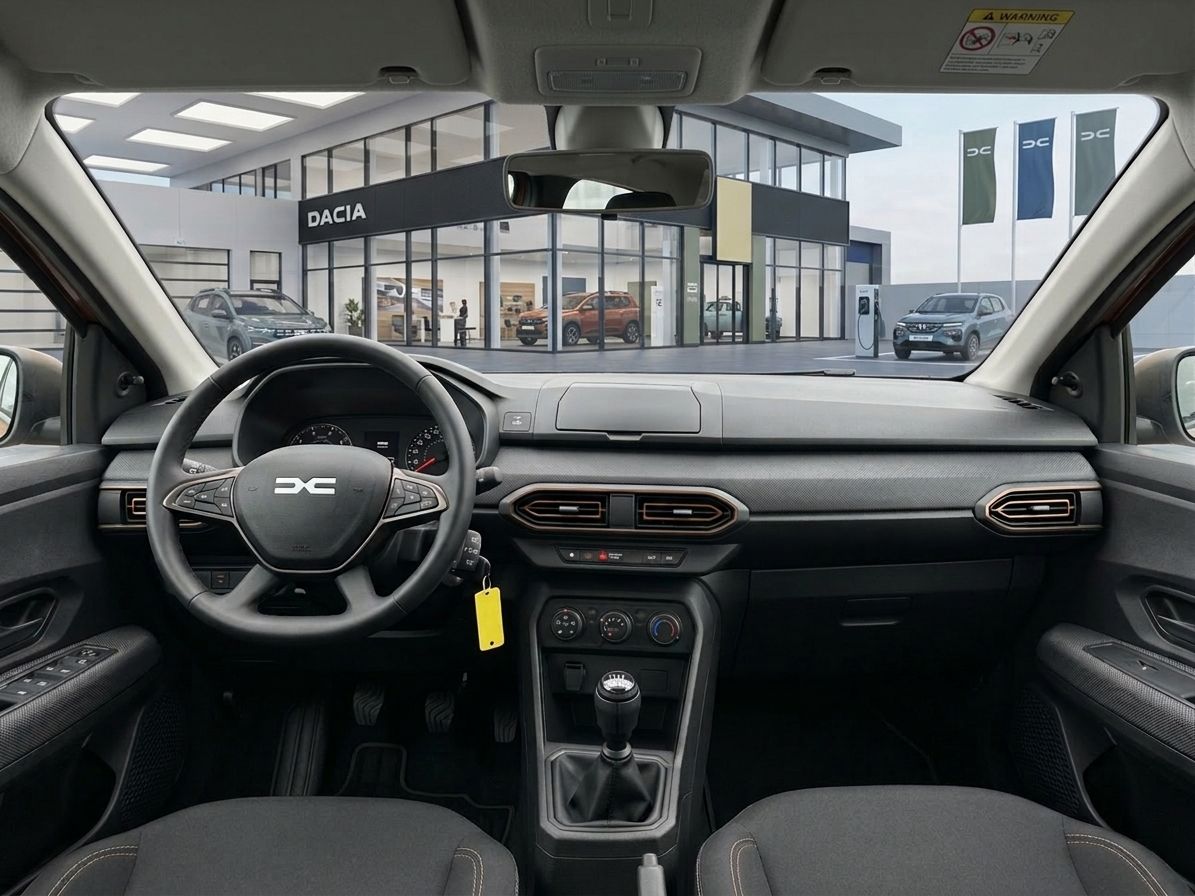 Dacia Innenraum mit schwarzem Lenkrad, Armaturenbrett und Schaltgetriebe im Autohaus