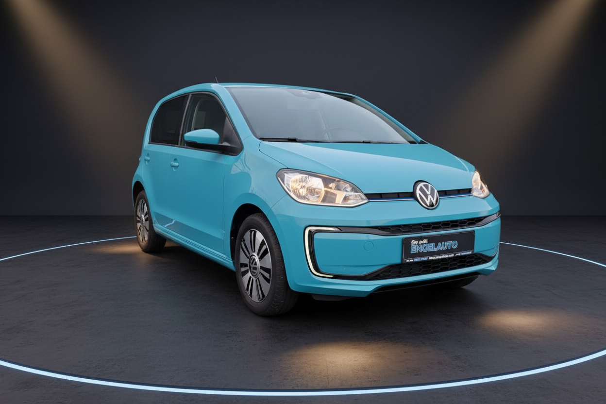 Volkswagen e-up! in Türkisblau – kompakter Elektro-Stadtflitzer in Studioaufnahme