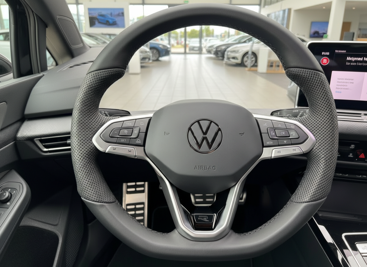 Volkswagen Golf R Innenraum mit perforiertem Lenkrad, VW-Logo und Multifunktionstasten im Autohaus