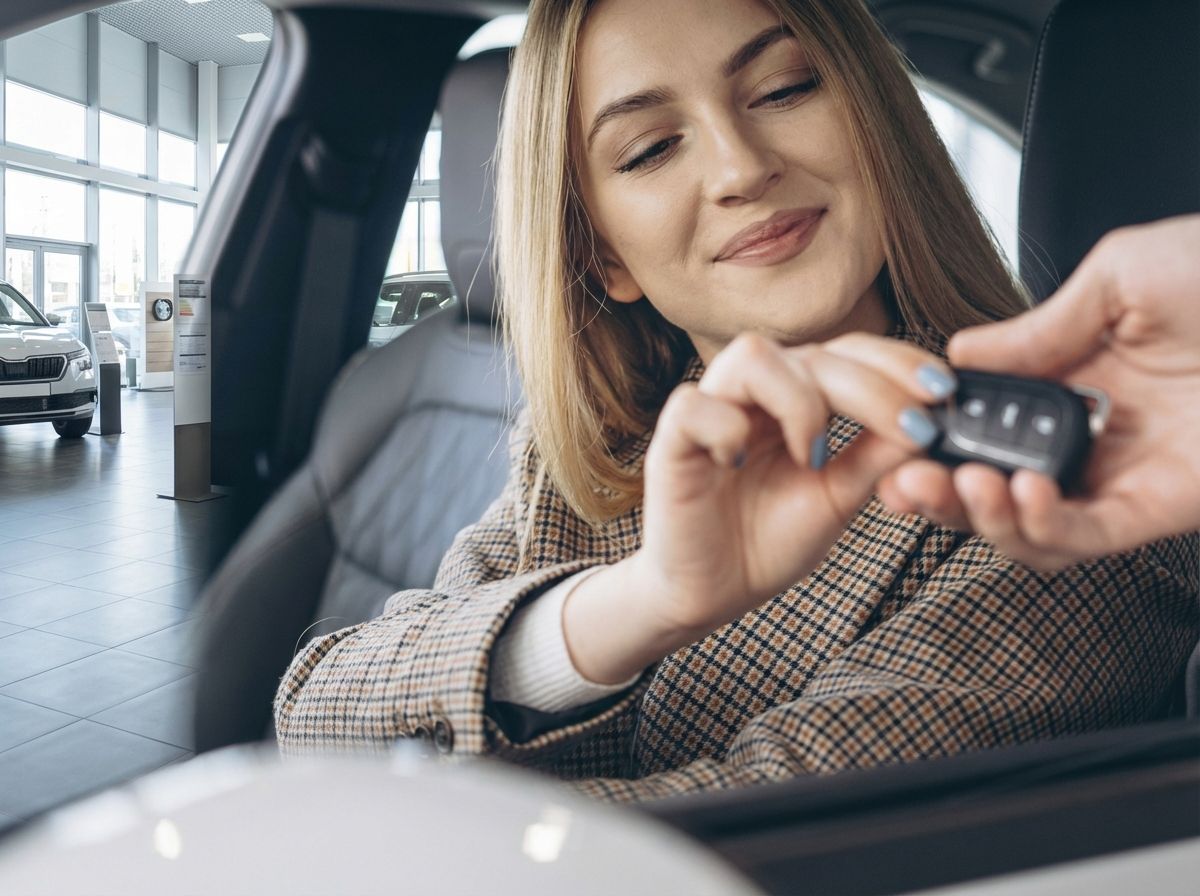Frau erhält Autoschlüssel im Autohaus – Fahrzeugübergabe im Innenraum