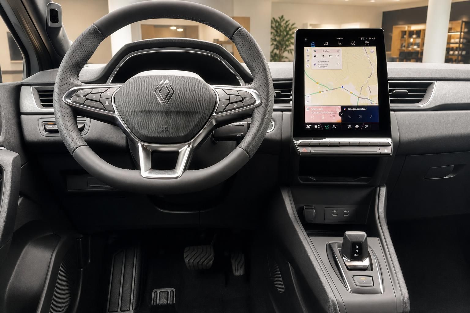 Renault Captur Innenraum Cockpit mit Lenkrad, Touchscreen-Navigation und Automatikgetriebe