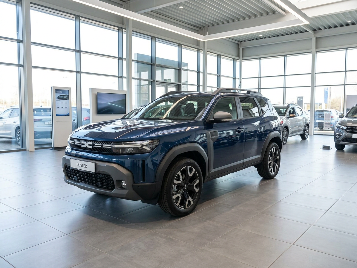 Dacia Duster 3. Generation in Dunkelblau im Autohaus-Showroom, SUV Frontansicht