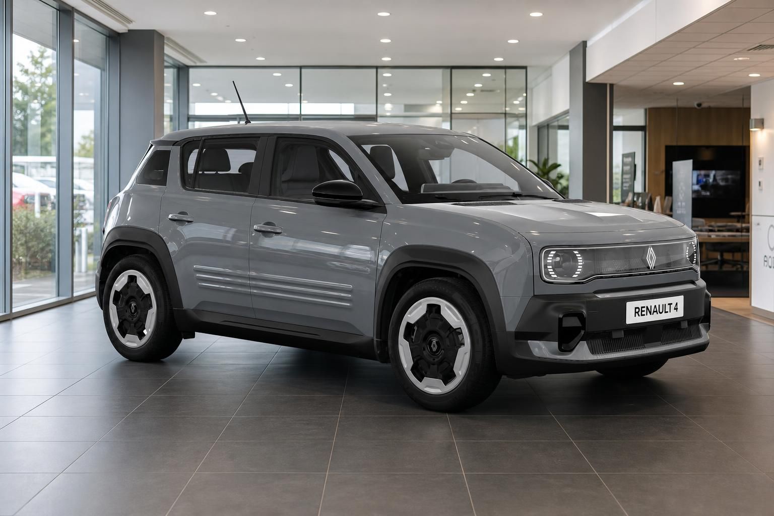 Renault 4 grau Frontansicht mit LED-Scheinwerfern im Showroom