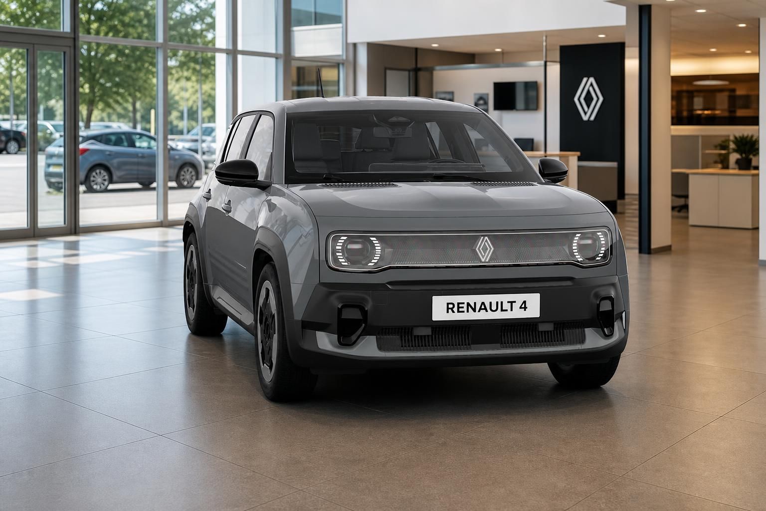 Renault 4 in Grau, Frontansicht im Autohaus-Showroom