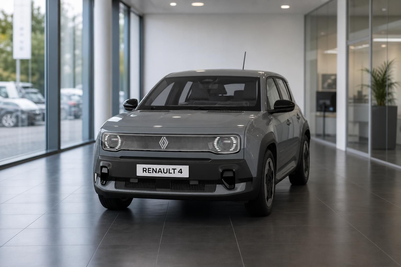 Renault 4 grau, Frontansicht im modernen Autohaus