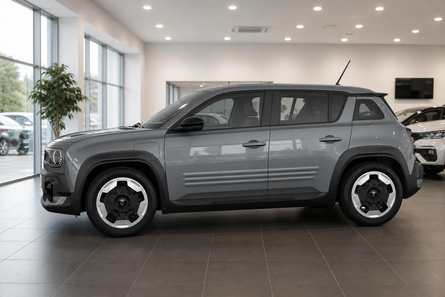 Renault 4 grau Seitenansicht im Autohaus Showroom