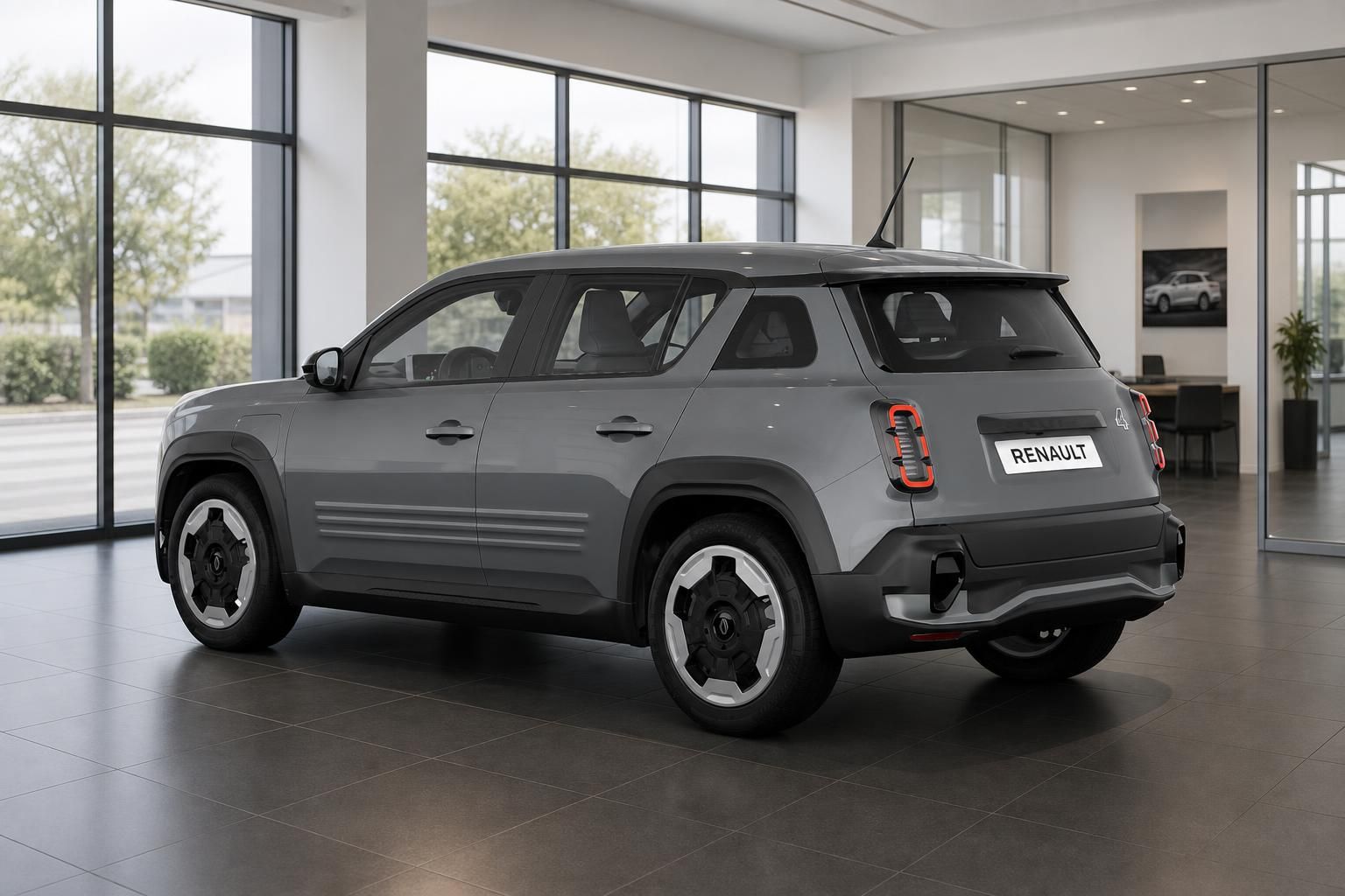 Renault 4 grau Heckansicht schräg im Autohaus Showroom