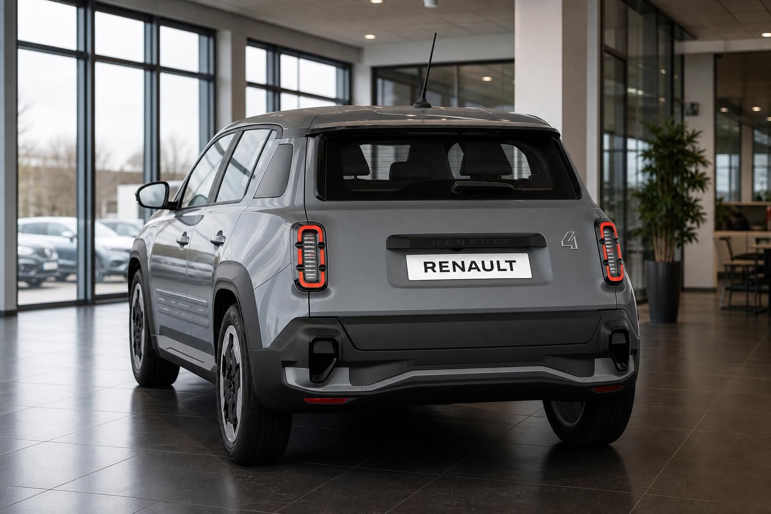 Renault 4 grau Heckansicht mit Rückleuchten im Showroom