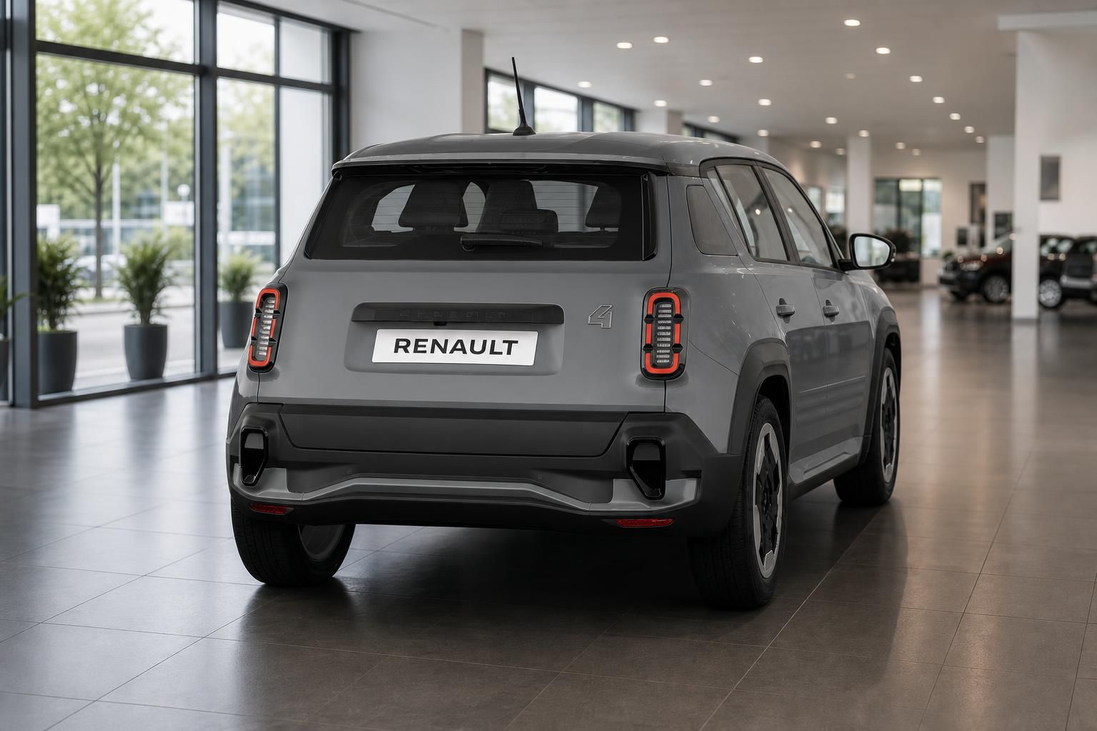 Renault 4 grau Heckansicht mit Rückleuchten im Showroom