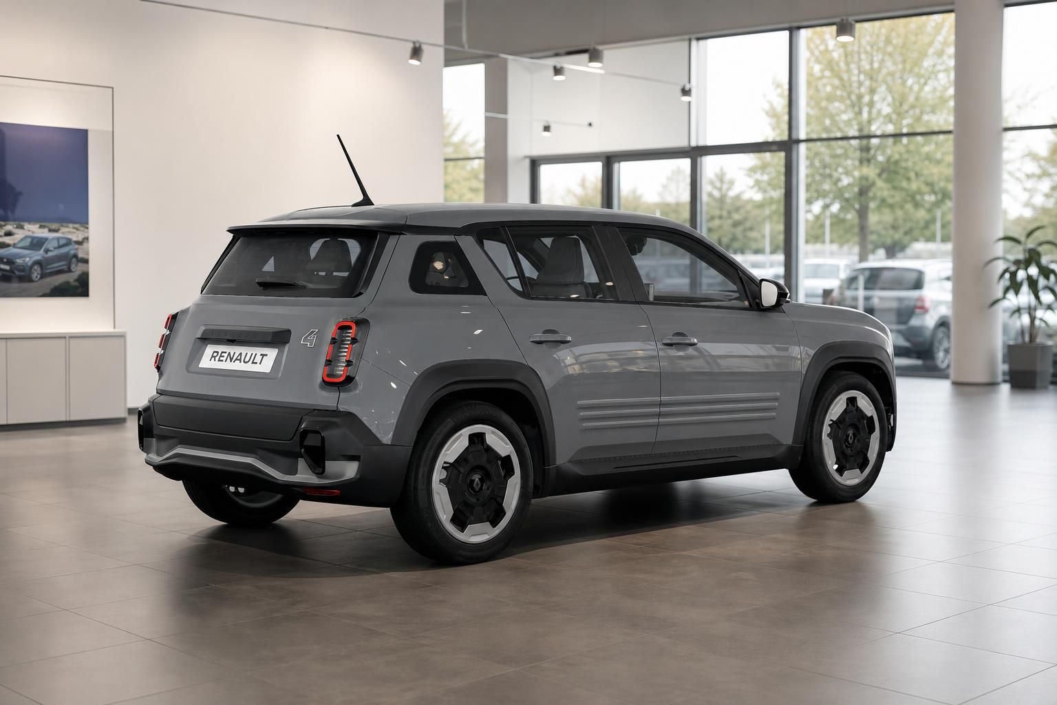 Renault 4 grau in Heckansicht im Autohaus-Showroom